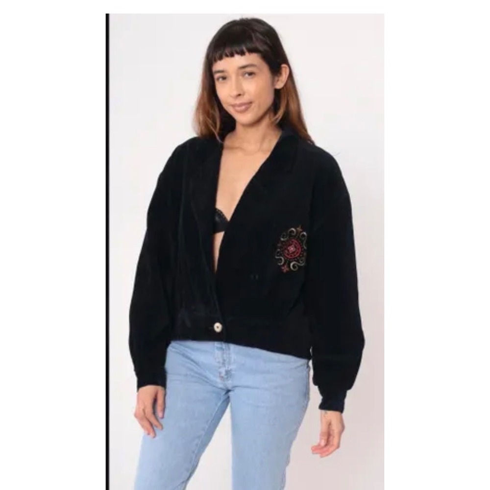 Evan-Picone Sport Vintage Black Cotton Velvet‎ Embroidered Cropped Jacket Medium